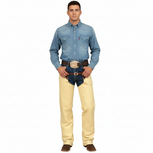 Men's sandstone beige smooth leather western riding chaps with a minimalist design and open-seat cut.