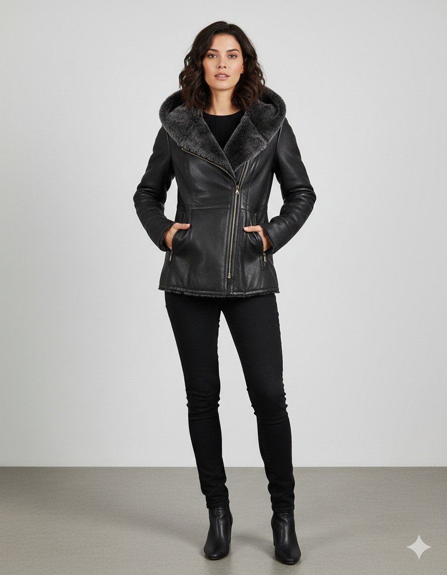 Women's black shearling-lined winter moto jacket with a charcoal fur-trimmed hood and side zip.
