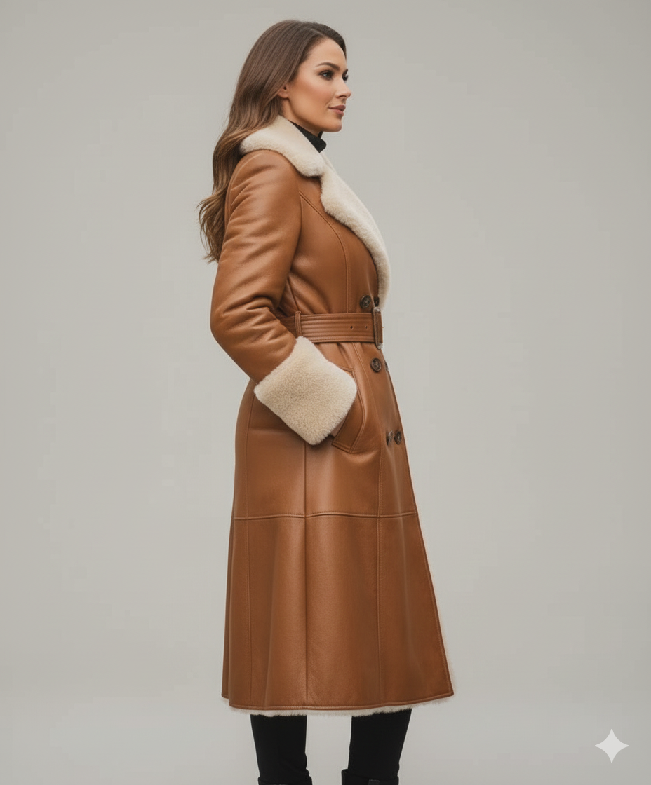 Model wearing a sophisticated shearling-trimmed caramel trench coat over a black turtleneck sweater.