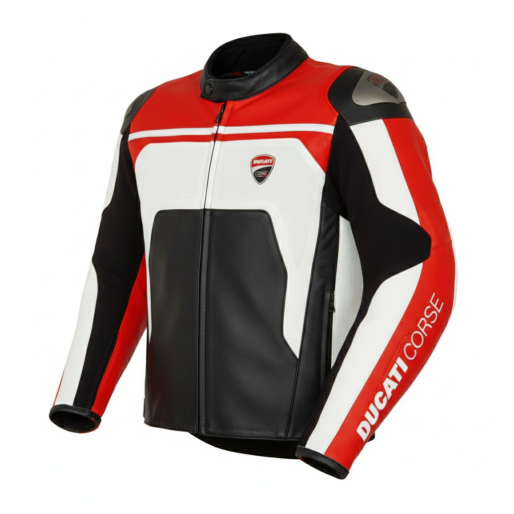 Ducati Corse black, red, and white leather motorcycle racing jacket.