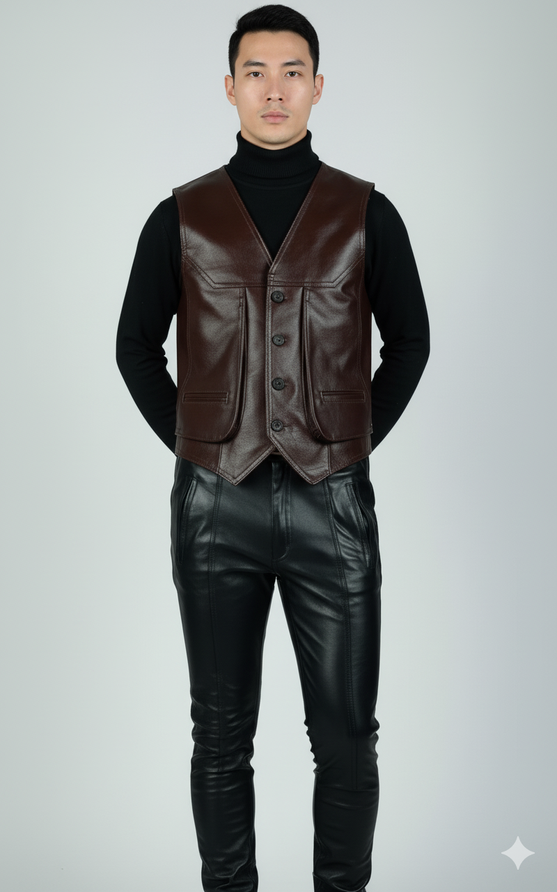 Full-length photo of a man in a dark brown leather dress vest over a black turtleneck and black leather pants.
