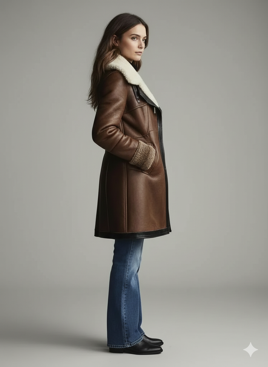 Model wearing a luxury brown leather winter coat .