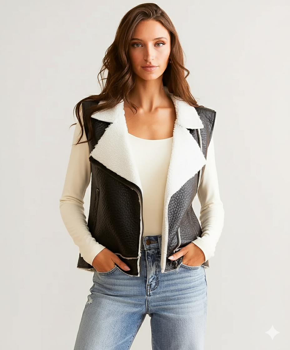 Women's black textured leather moto vest with a wide white faux shearling collar, lining, and asymmetrical zip closure.