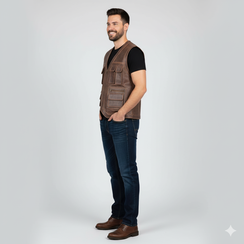Men's distressed brown leather utility vest with multiple front pockets, a zip closure, and side buckle adjustments.