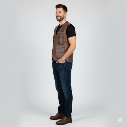 Men's distressed brown leather utility vest with multiple front pockets, a zip closure, and side buckle adjustments.