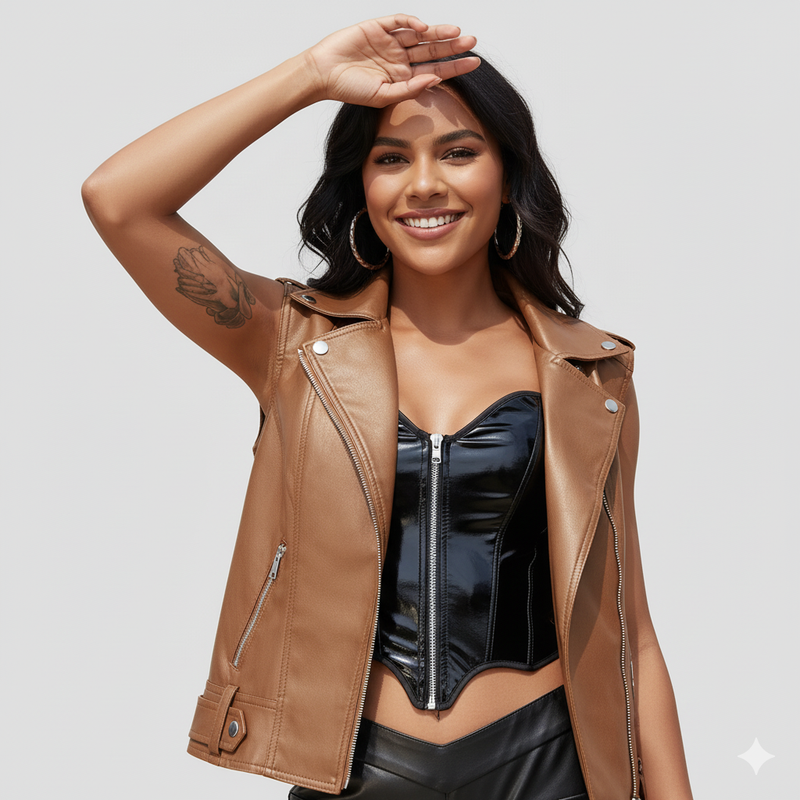 Women's cropped tan brown leather biker vest with asymmetrical zip closure and wide lapels.