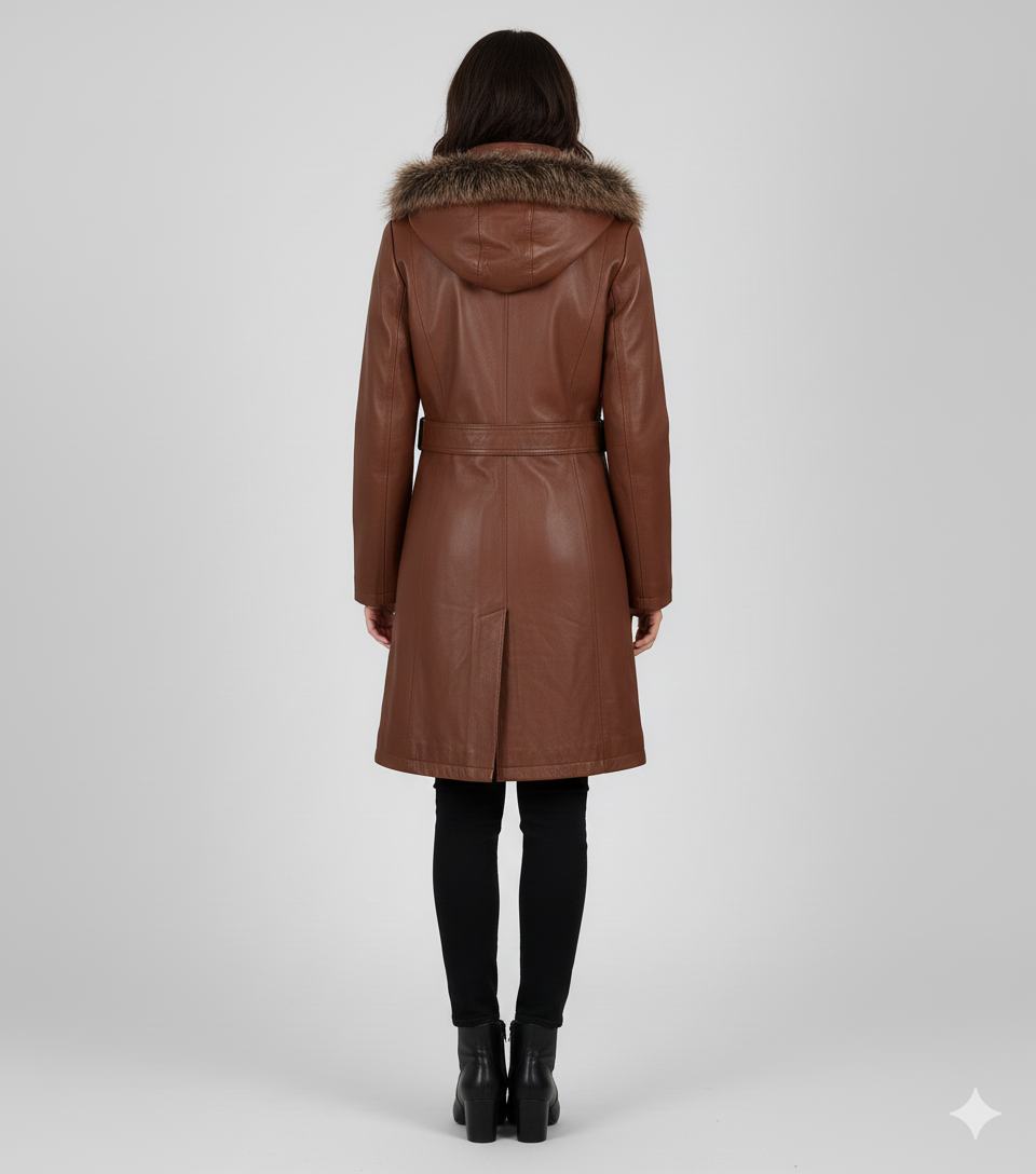 Close-up of the smooth cognac leather finish and soft fur trim on a premium women's winter trench.