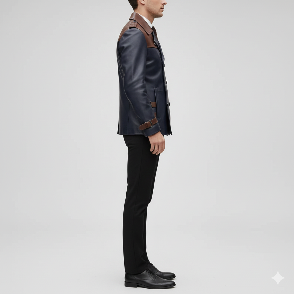 Male model wearing a luxury two-tone navy and brown leather peacoat with a white shirt and brown tie.