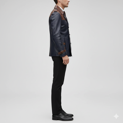Male model wearing a luxury two-tone navy and brown leather peacoat with a white shirt and brown tie.