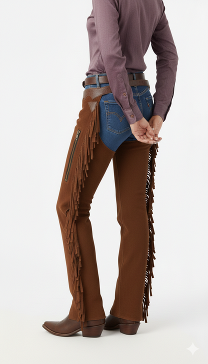 Female rider wearing brown suede protective fringe chaps over blue jeans for a modern western ranch look.