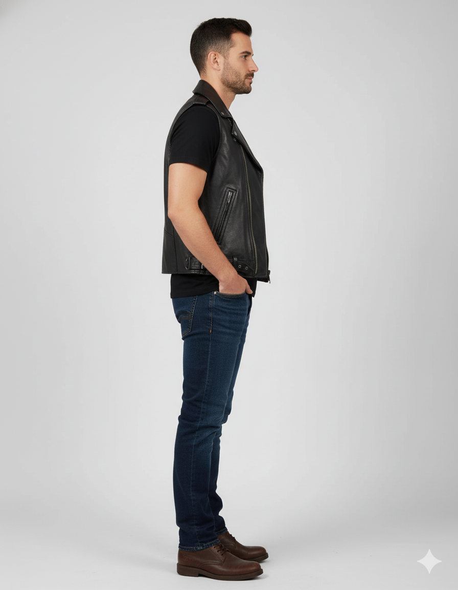 Sleeveless black leather rocker vest featuring silver hardware, lapel snaps, and an exposed front zip.