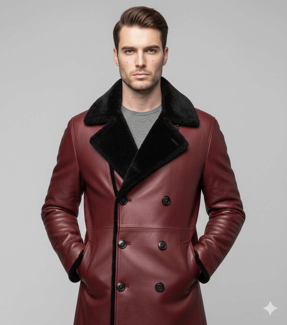 Mid-length wine-colored leather overcoat for men featuring plush black fur trim on the collar, cuffs, and hem.