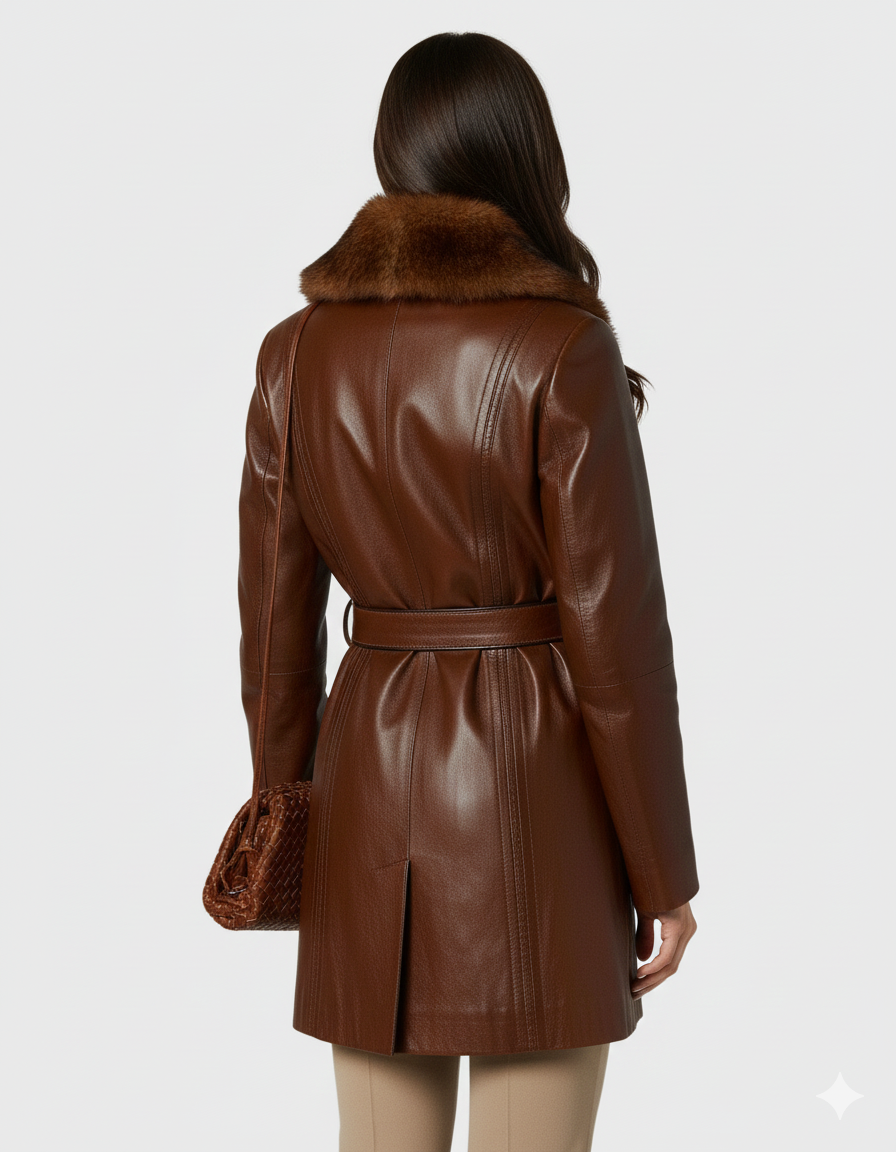 Model wearing a sophisticated belted brown leather coat styled with beige trousers and a matching clutch.