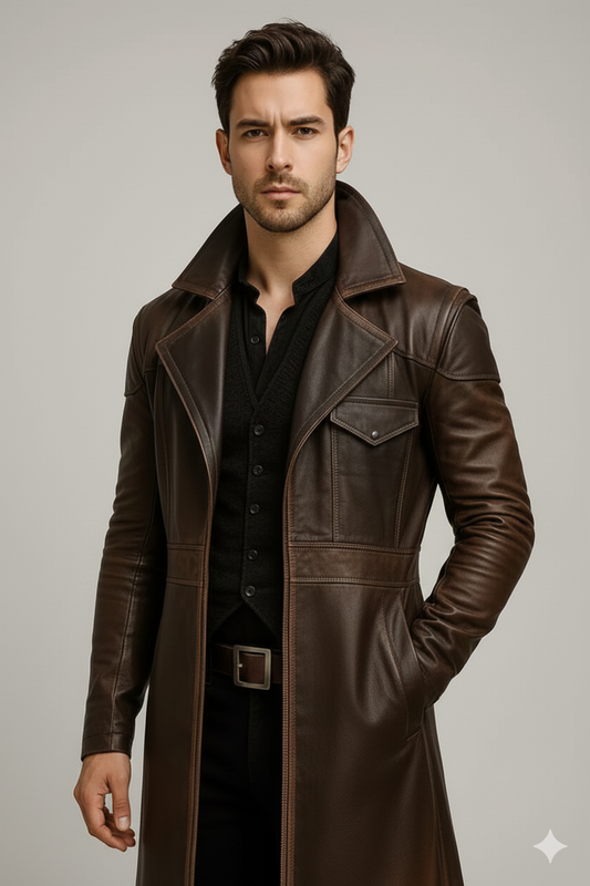 Longline dark brown leather duster for men featuring a rugged aged finish and tailored waist paneling.