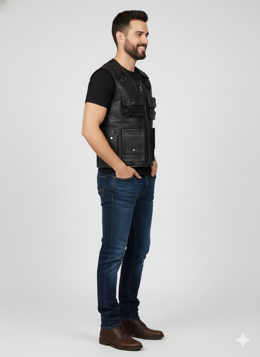Traditional biker vest in smooth black leather with antique brass snap closures and V-neck collar.