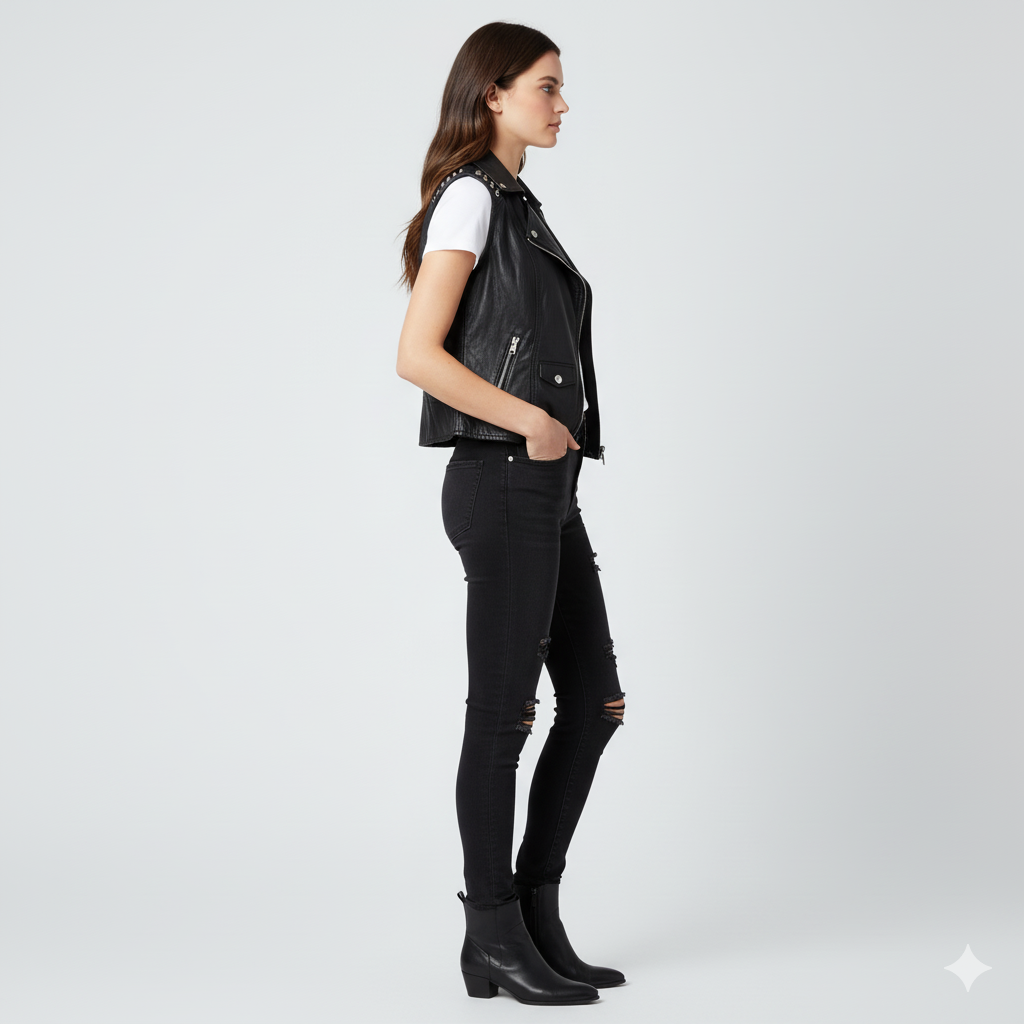 Women's black leather biker vest with silver studs on the shoulders and an asymmetrical front zipper.