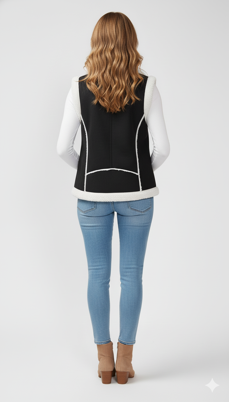 Black faux suede sherpa vest paired with light denim and tan suede ankle boots for a warm, casual look.