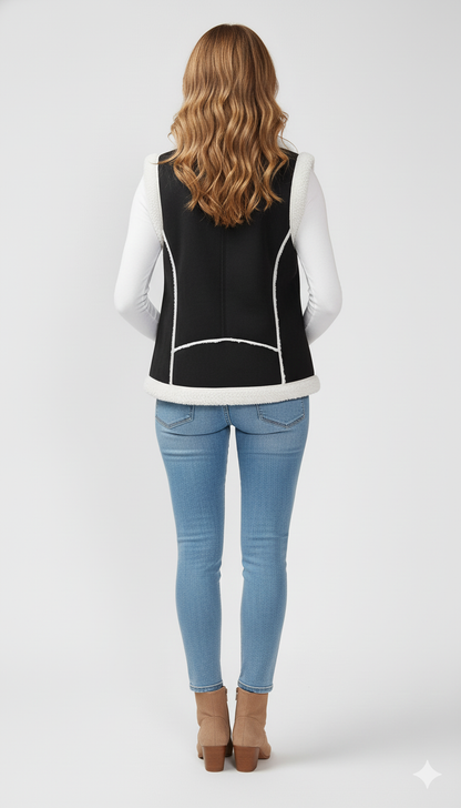 Black faux suede sherpa vest paired with light denim and tan suede ankle boots for a warm, casual look.