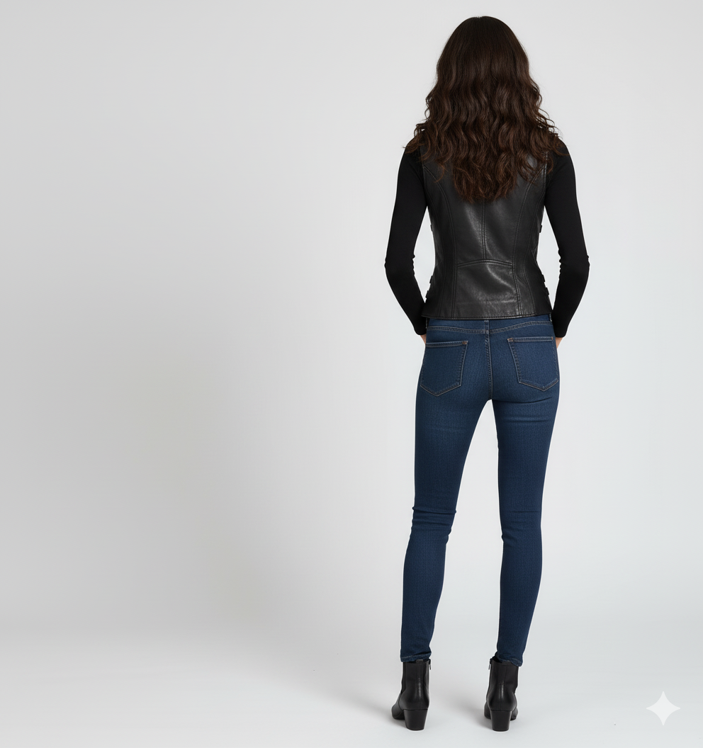 Full view of the black moto vest, highlighting the fitted silhouette and the decorative buckles at the lower sides.