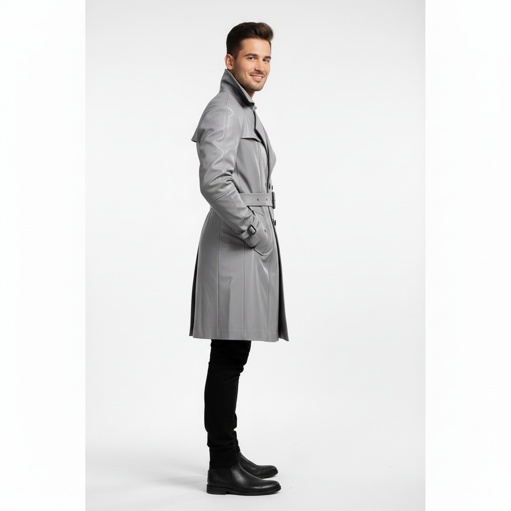 Longline light grey leather winter overcoat for men featuring oversized notch lapels and buckled wrist straps.