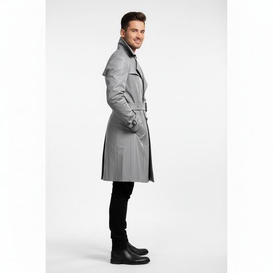 Longline light grey leather winter overcoat for men featuring oversized notch lapels and buckled wrist straps.