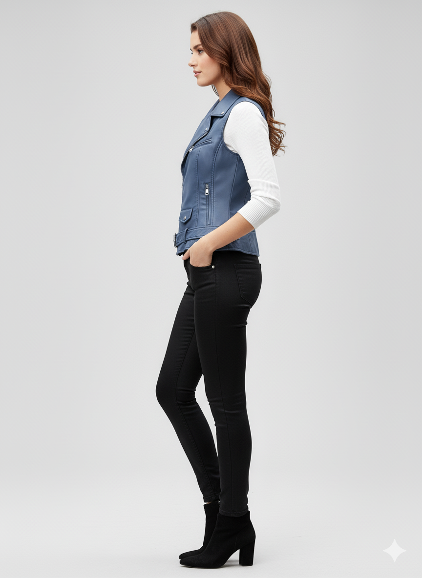 Sleeveless blue leather biker jacket featuring a wide collar, zippered pockets, and an adjustable belt at the hem.