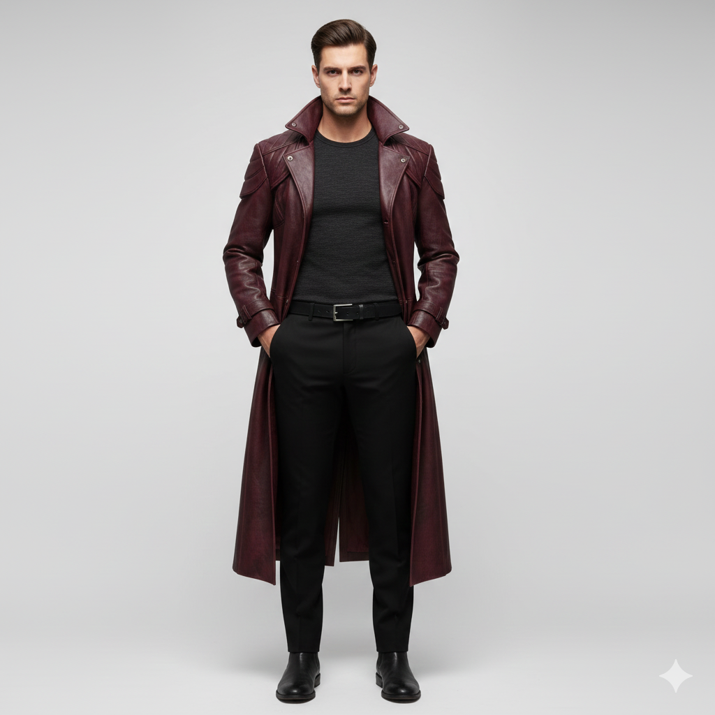 Men's burgundy longline leather duster coat with distressed finish and reinforced shoulders.