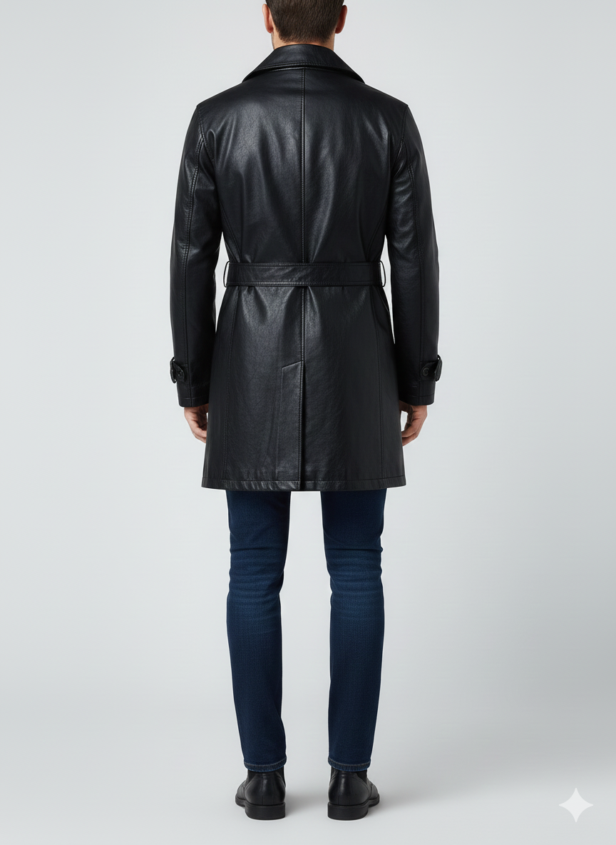 Close-up of the metallic chest zipper and buckled wrist straps on a premium black leather coat.