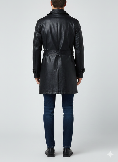 Close-up of the metallic chest zipper and buckled wrist straps on a premium black leather coat.