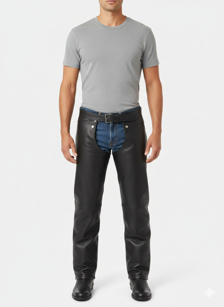 Men's obsidian black leather performance chaps with adjustable belted waist and protective open-seat design.