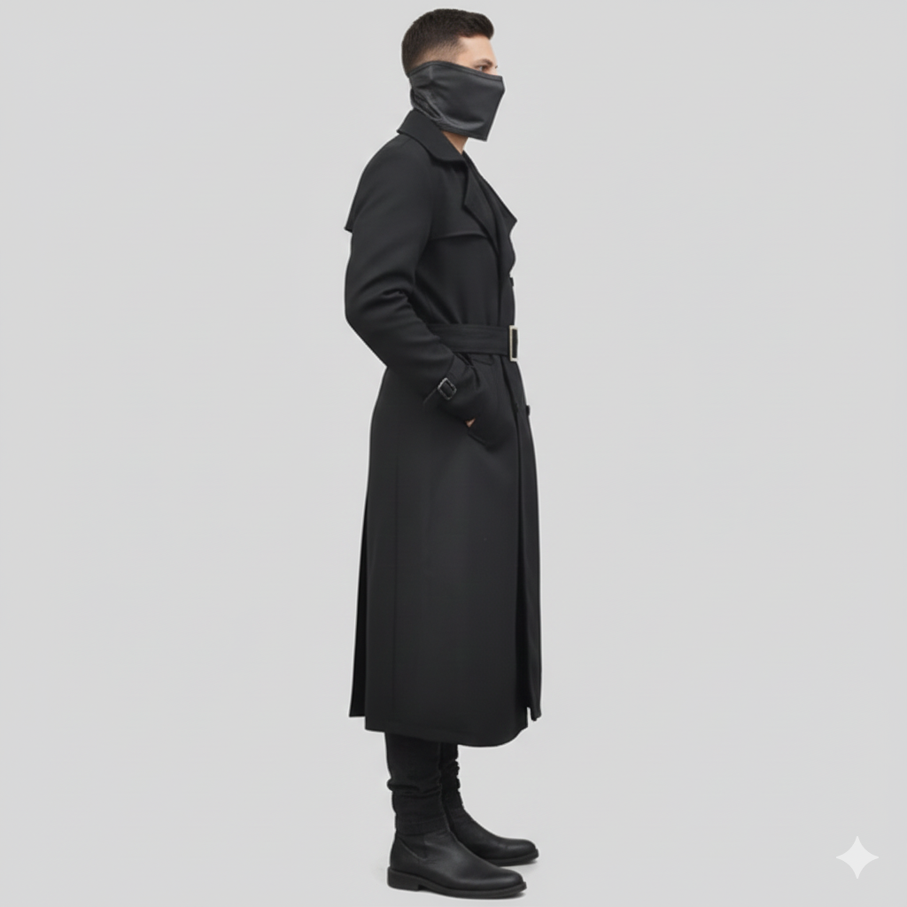 Male model wearing a luxury black leather trench coat