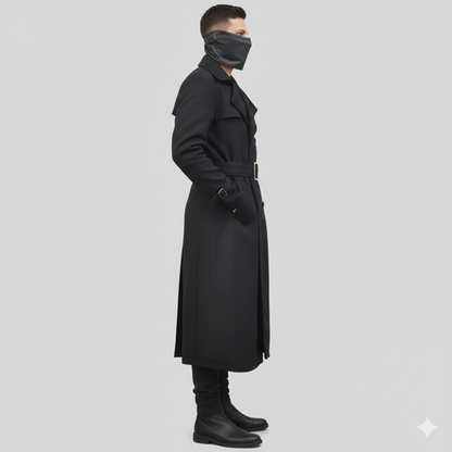 Male model wearing a luxury black leather trench coat
