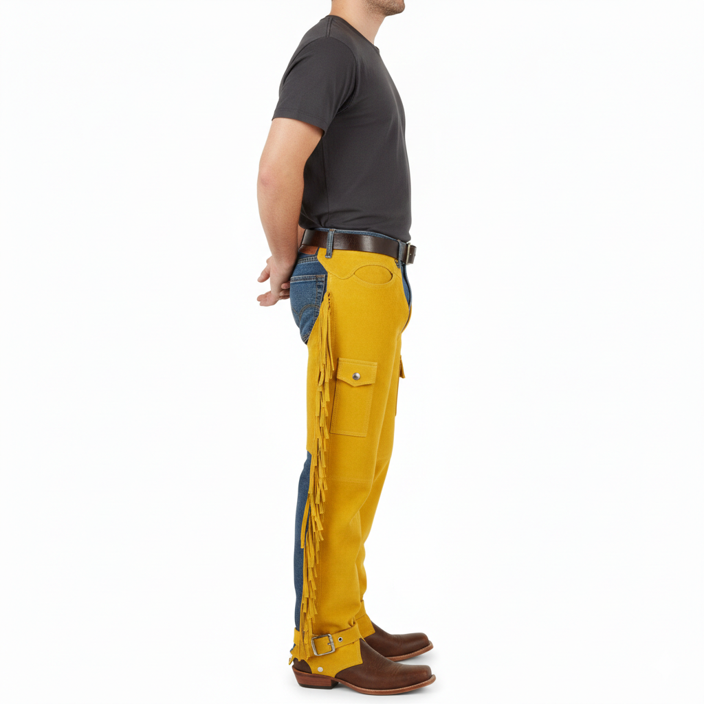 Close-up of the vibrant yellow suede texture, thigh cargo pocket, and silver buckle hardware on professional riding chaps.