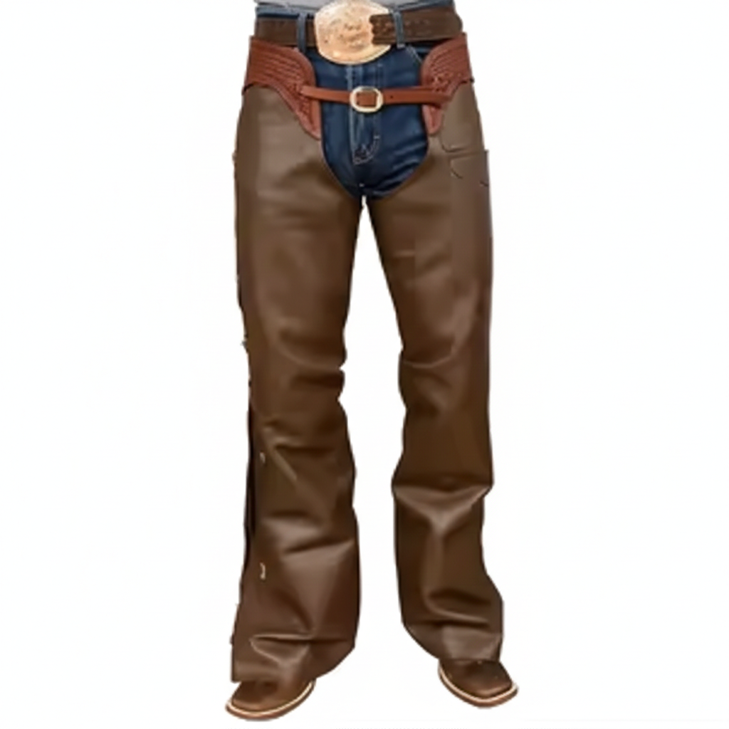 Men's hickory brown leather western chaps with a basketweave tooled yoke and dual buckle closure.