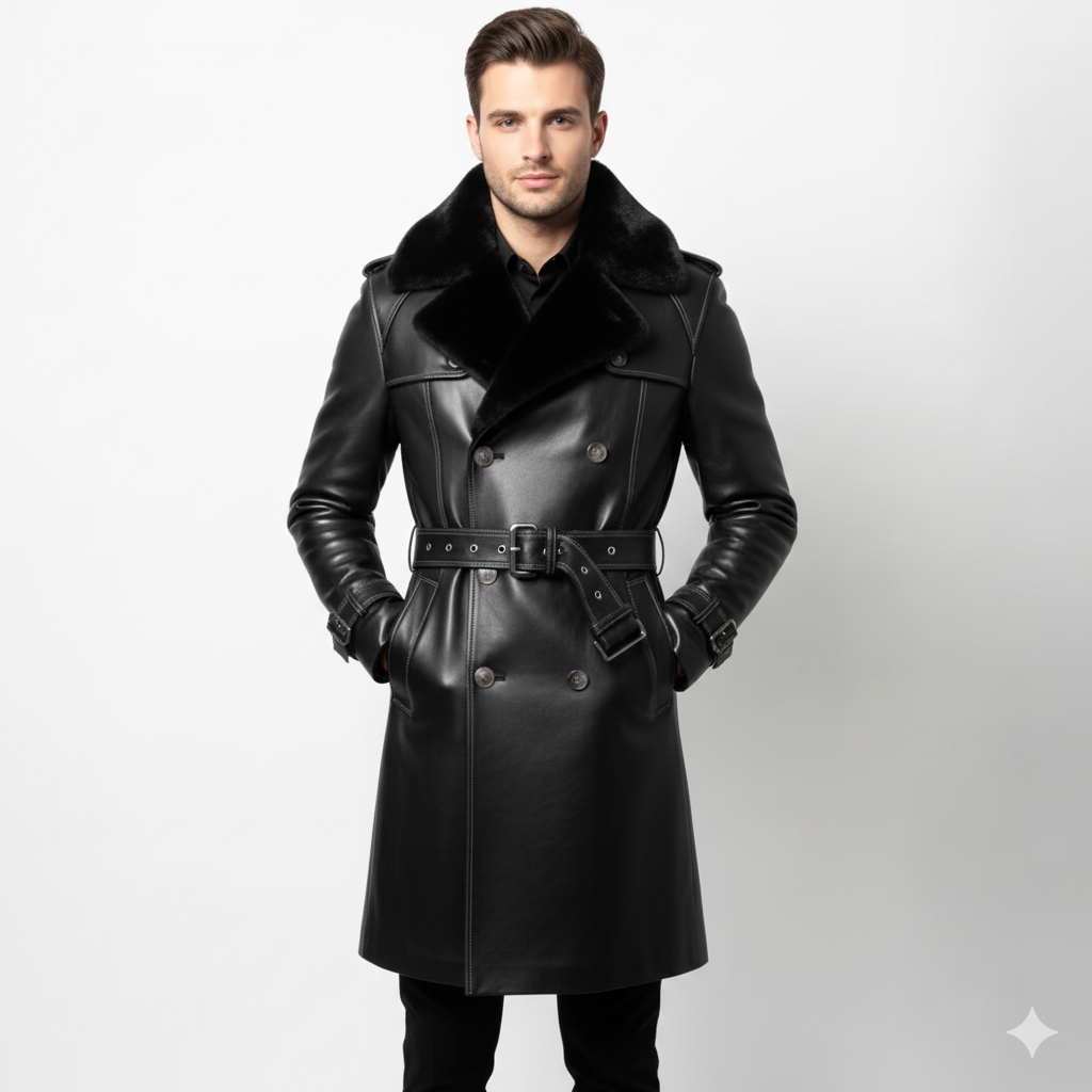 Men's obsidian black leather trench coat with black shearling collar and white contrast stitching.