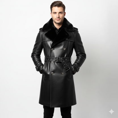 Men's obsidian black leather trench coat with black shearling collar and white contrast stitching.