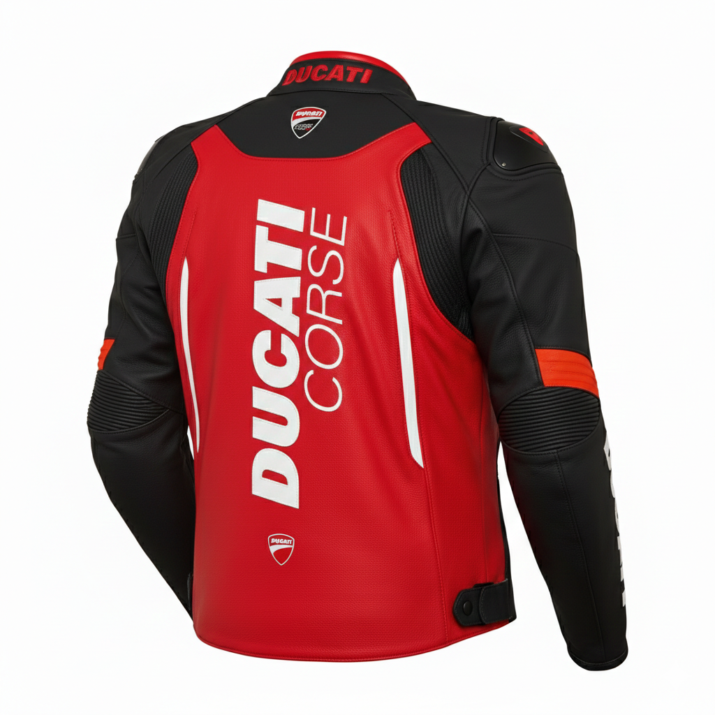 Detailed view of the Ducati Corse chest shield,and external hard-shell shoulder on a professional racing jacket.