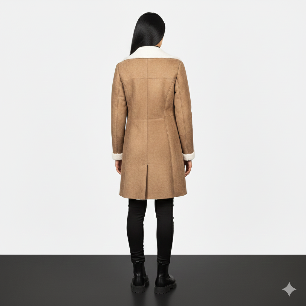 Close-up of the soft white  shearling lapels and matte tan suede finish on a luxury women's jacket.