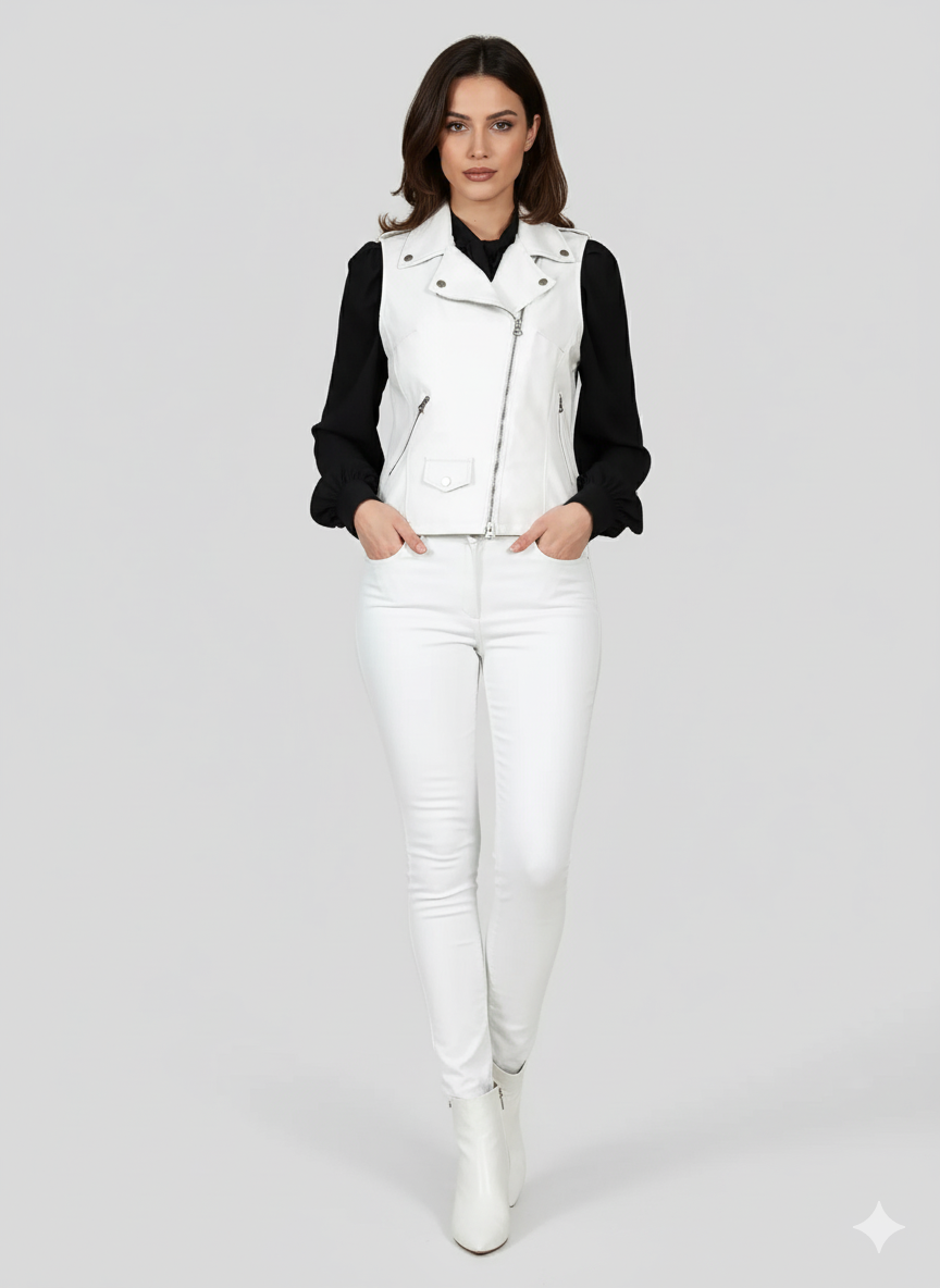 Full-length photo of a woman wearing a white moto vest over a black long-sleeve blouse and white skinny jeans.