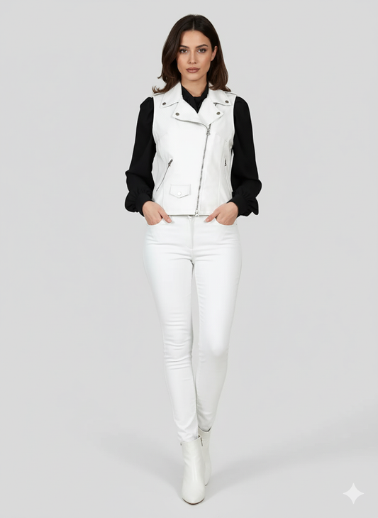 Full-length photo of a woman wearing a white moto vest over a black long-sleeve blouse and white skinny jeans.