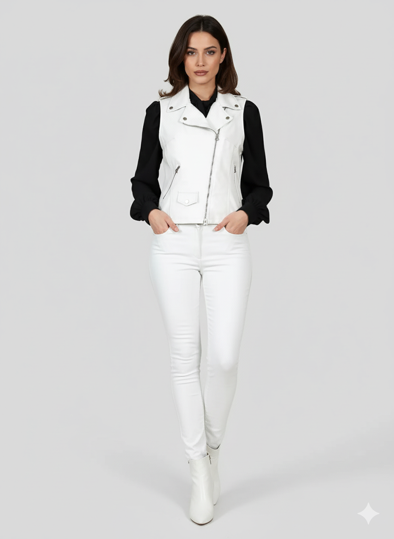 Full-length photo of a woman wearing a white moto vest over a black long-sleeve blouse and white skinny jeans.