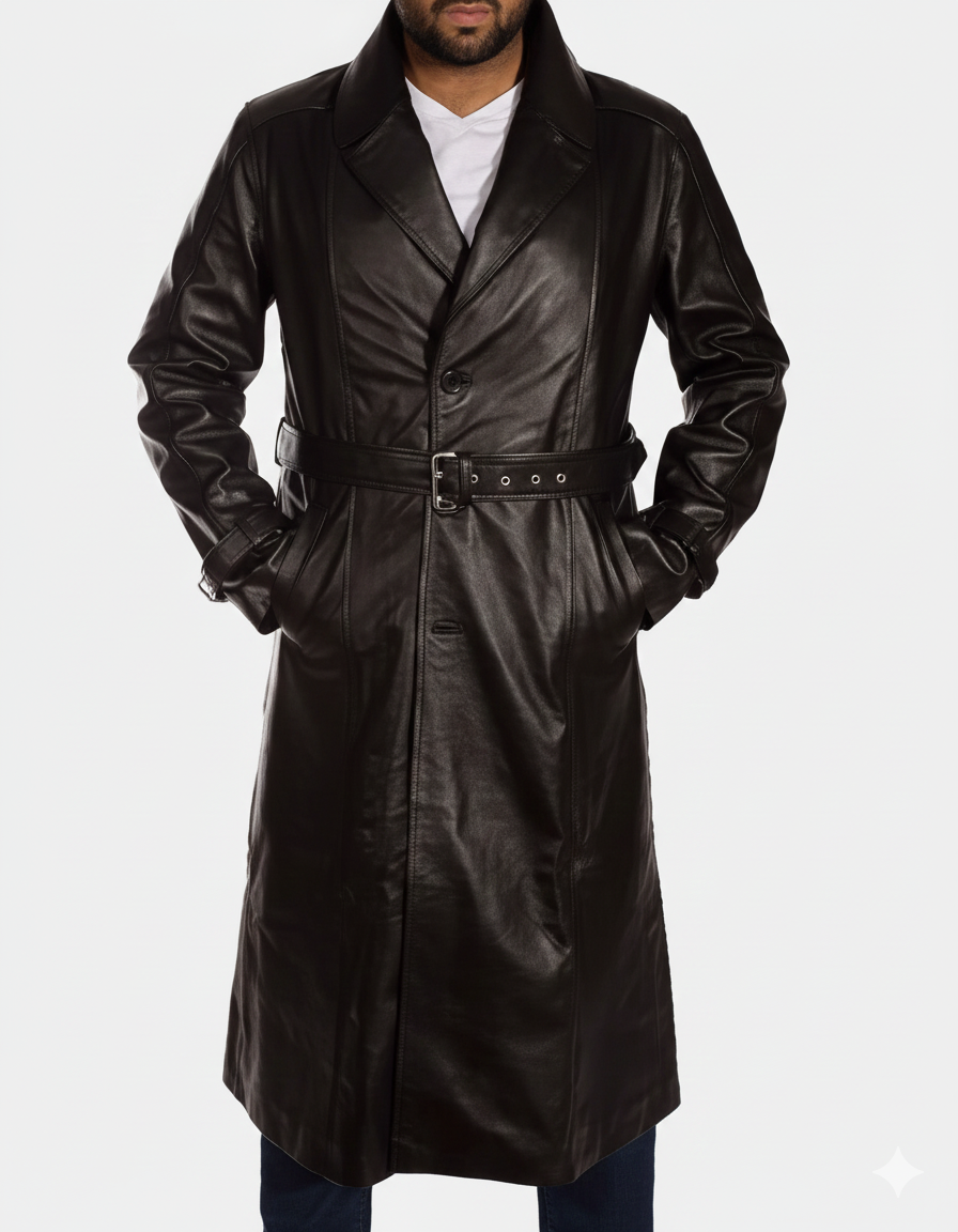 Dramatic floor-length black leather maxi duster for men featuring buckled wrist straps and deep side pockets.