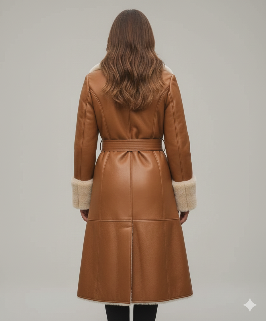 Close-up of the thick cream shearling lapels and tonal buttons on a women's luxury winter jacket.