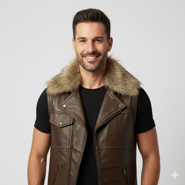 Full body shot of a man wearing a brown leather motorcycle vest with a fur-trimmed collar over a black t-shirt and dark wash jeans.