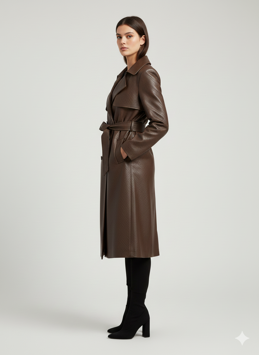 Model wearing a sophisticated espresso-colored textured trench coat with a tied belt over a black top.