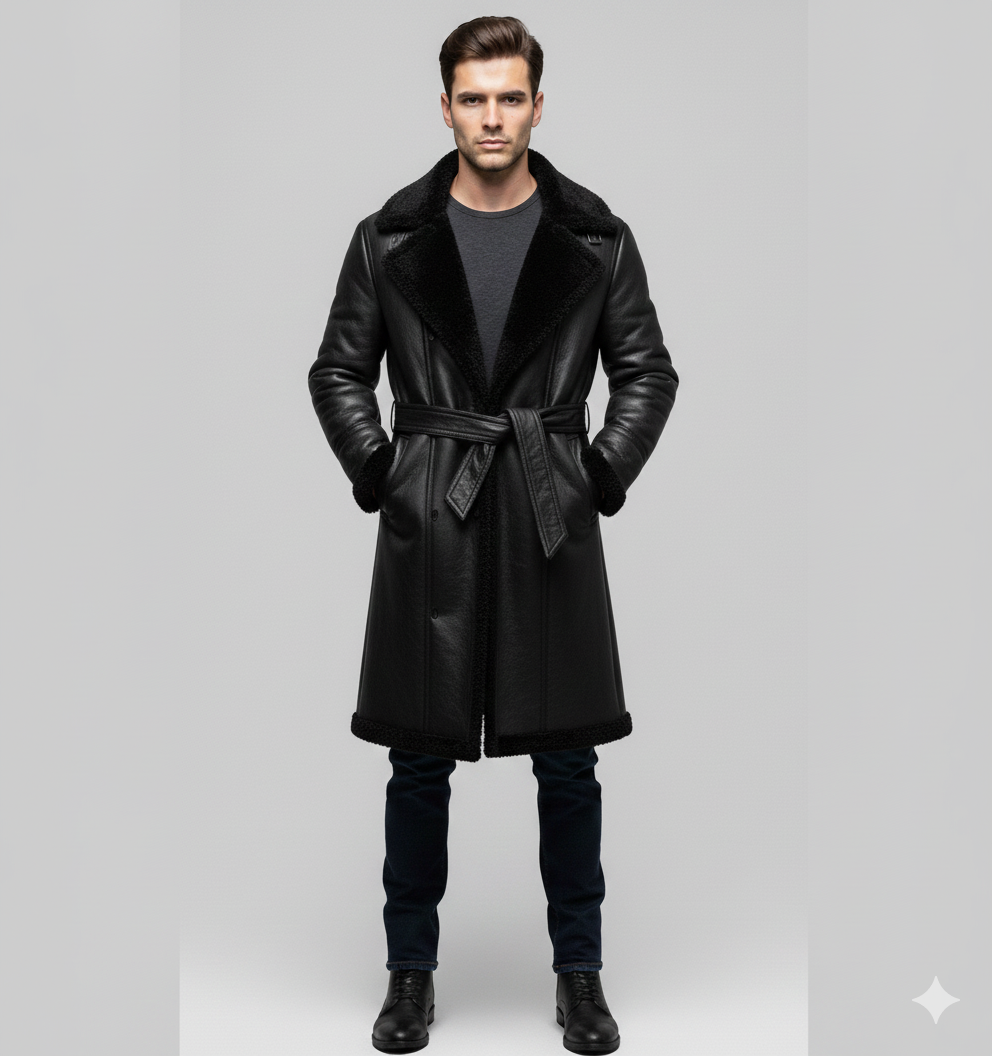 Men's onyx black leather trench coat with a tonal black shearling lining and wrap-around waist belt.