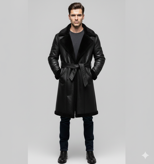 Men's onyx black leather trench coat with a tonal black shearling lining and wrap-around waist belt.