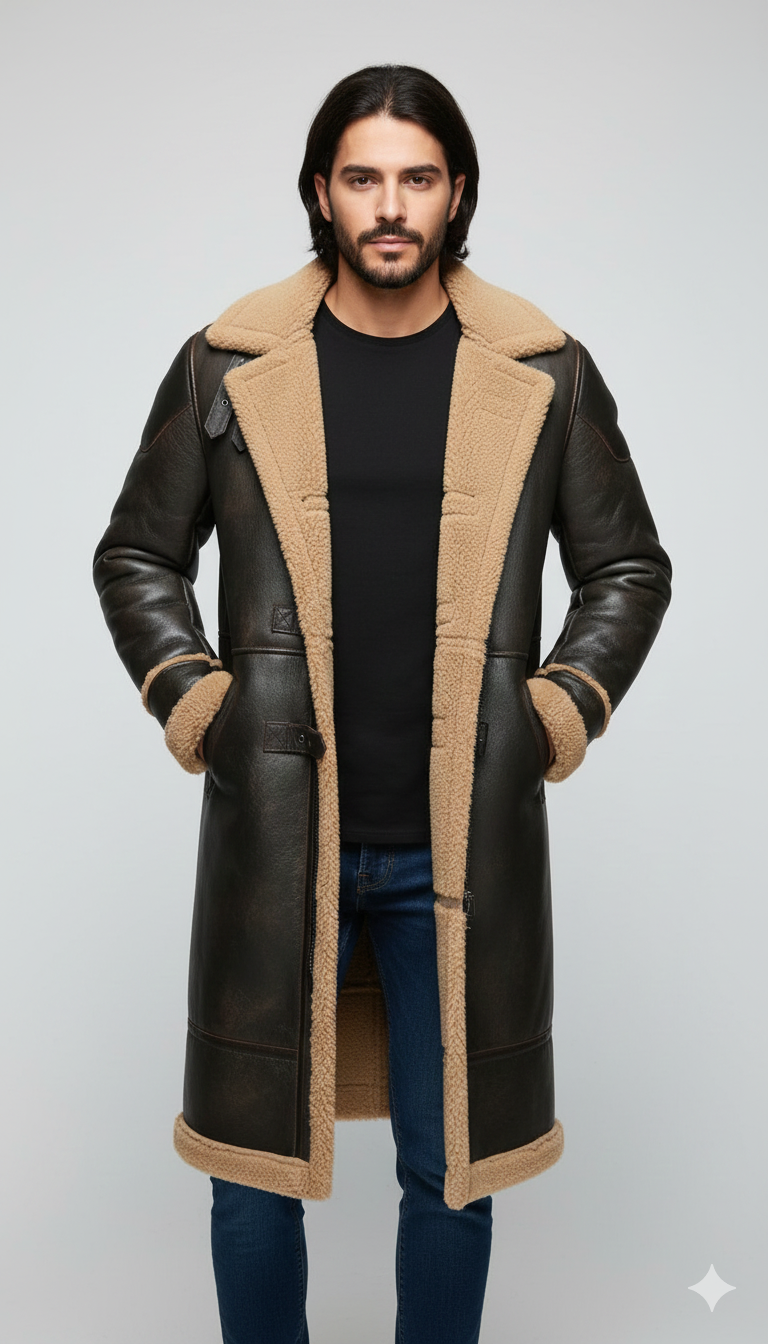 Men's espresso brown leather maxi trench coat with high-contrast tan shearling lining and collar.