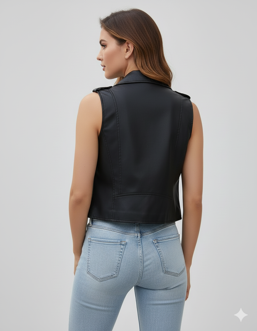 Sleek black cropped vest in a motorcycle jacket style with silver studs and zippered pockets.
