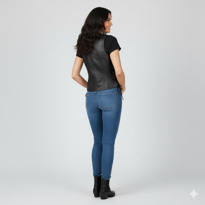 Close-up showing the smooth black  leather texture, silver snap buttons, and the decorative side lacing of the vest.